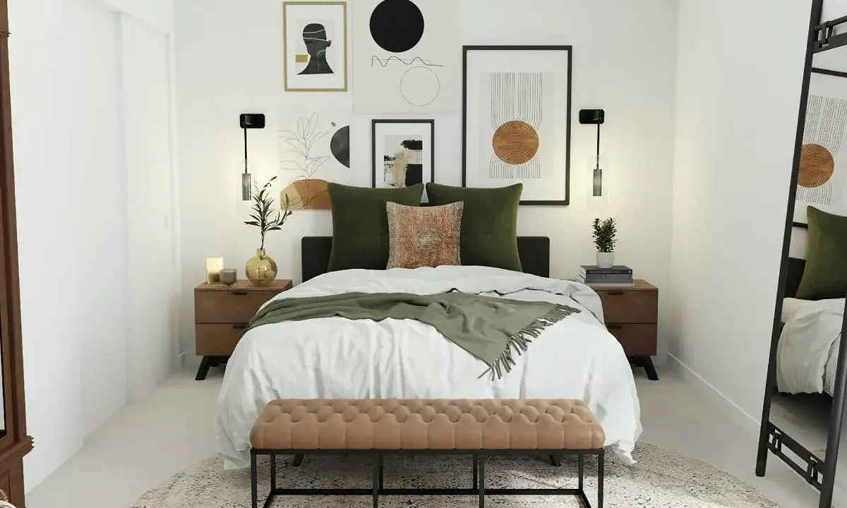 Dormitorio moderno con cama, arte abstracto y espejos en el dormitorio bien situados que amplían el espacio.