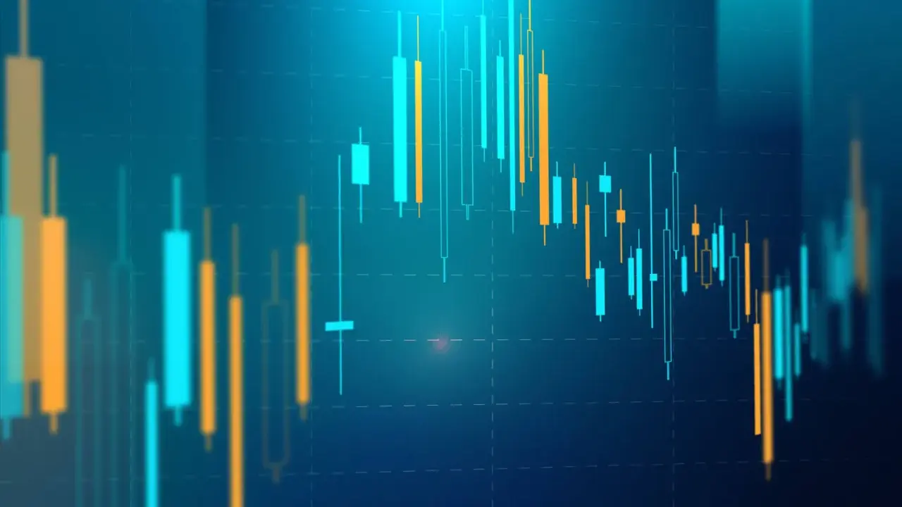 Gráfico de velas japonesas con barras ascendentes y descendentes, simulando la inversión y la rentabilidad en mercados financieros.