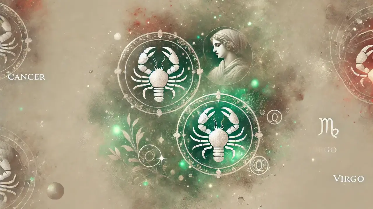 Dwa symbole zodiaku Rak, jeden z zieloną obwódką, a drugi z szarą. Obok profil kobiety i symbol Panny.