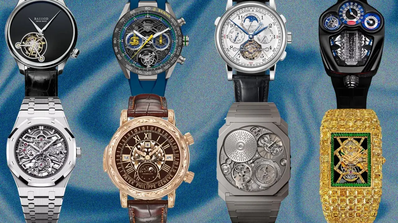 Collezione di orologi di lusso, tra cui un Patek Philippe con tourbillon, che illustra il significato di alta orologeria.