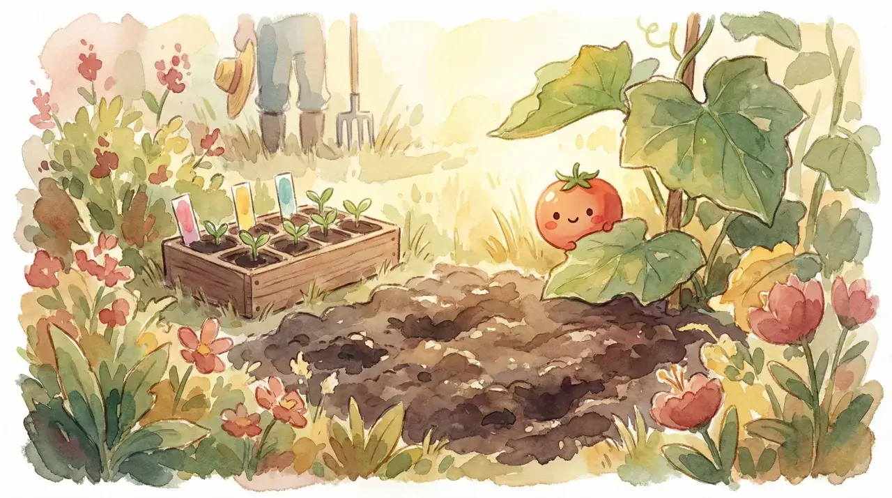 Un huerto soleado con plantones listos para sembrar. ¡Es el momento perfecto para saber qué plantar en abril y ver crecer un tomate sonriente!