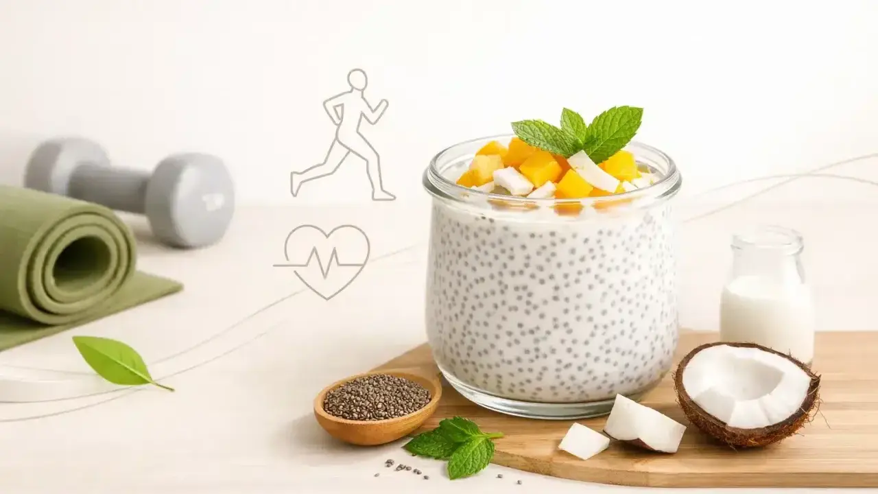 Zdrowy deser z chia z mlekiem kokosowym, ozdobiony mango i miętą. Obok leżą sztangi, mata do ćwiczeń i ikony symbolizujące zdrowy styl życia.