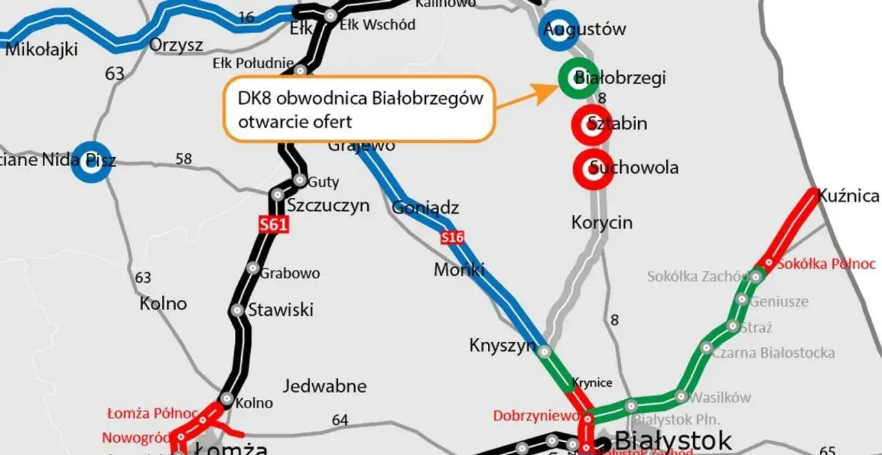 Mapa drogowa z zaznaczoną trasą S61 i DK8 obwodnicą Białobrzegów. Widoczne miejscowości: Augustów, Ełk, Białystok, Łomża. Trasa Zambrów jest częścią tej sieci.