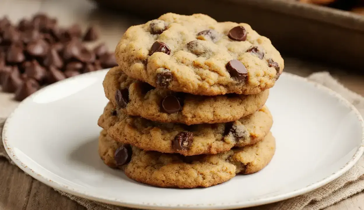 Pile de cookies aux pépites de chocolat, parfaits pour une recette de cookies moelleux. Des pépites de chocolat en arrière-plan.