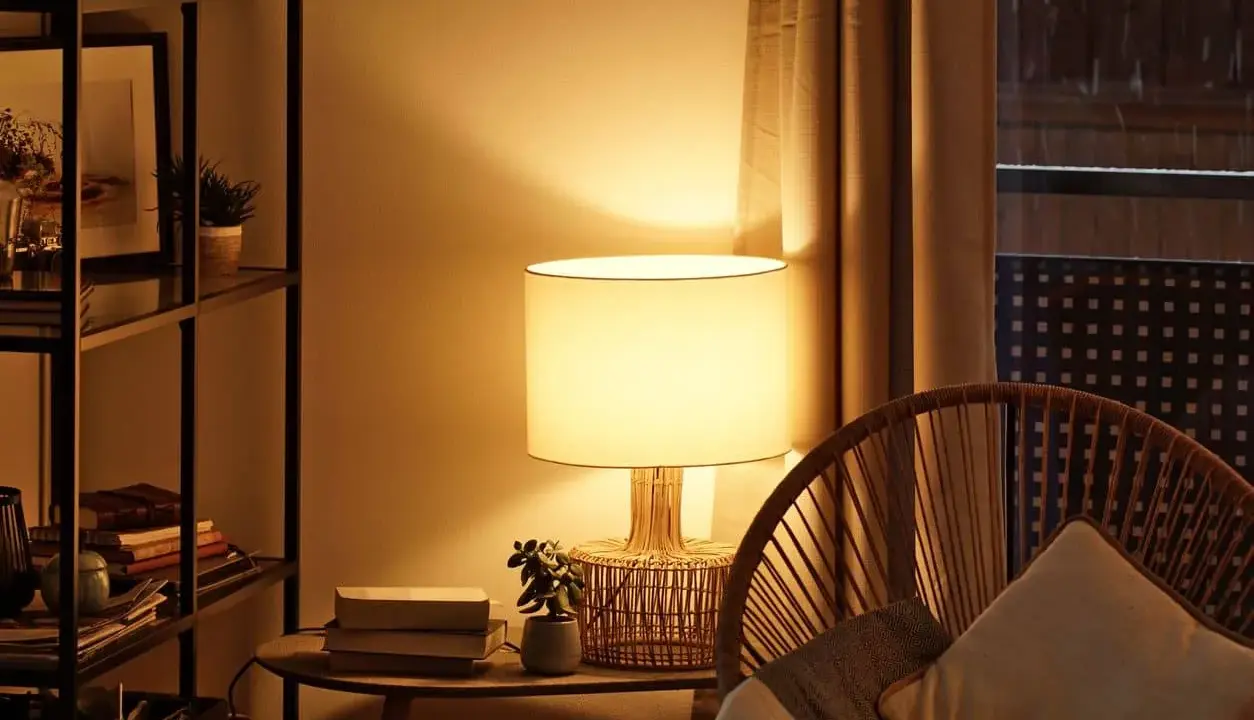 Ambiente acogedor con iluminación indirecta en el salón. Una lámpara de mesa ilumina suavemente la estancia, creando un espacio cálido y relajante.