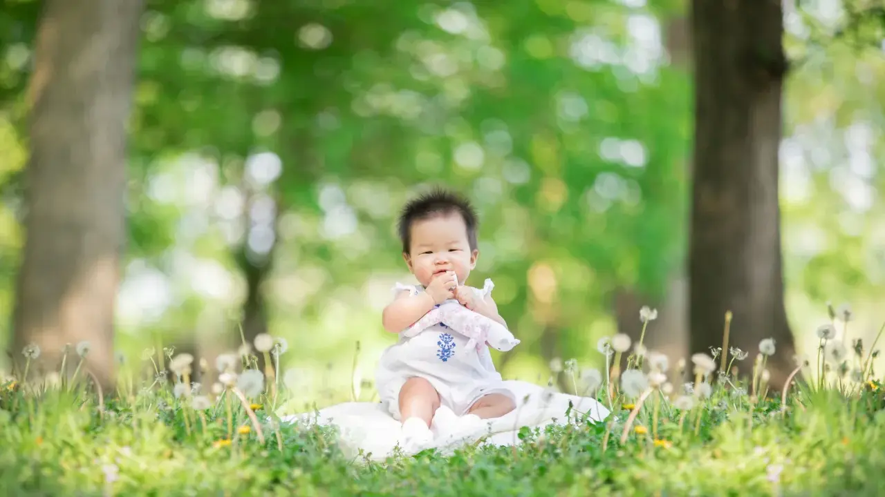Dolce bimbo di 9 mesi seduto sull'erba, con soffioni e alberi sullo sfondo. Una foto che cattura la sua curiosità.