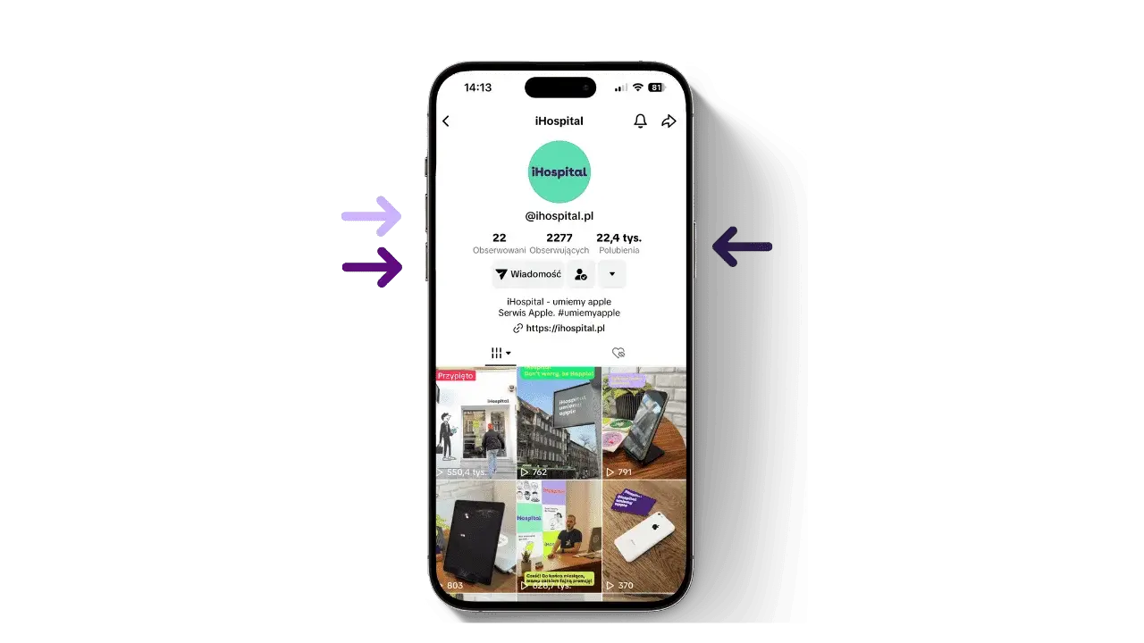 Profil iHospital na TikToku, pokazujący jak skonfigurować iPhone. Widoczne filmy o serwisie Apple i porady.