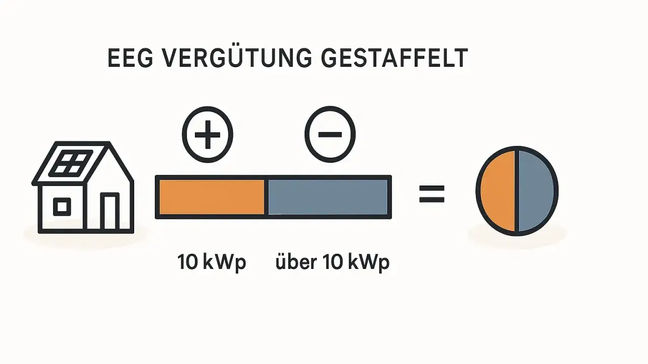 Schema zur gestaffelten EEG-Vergütung in Deutschland: Haus mit Solaranlage, geteilter Balken für 10 kWp und über 10 kWp, ergibt Kreisdiagramm.
