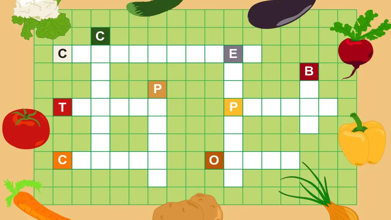 Cruciverba online con verdure: cavolfiore, pomodoro, carota, cipolla, patate, peperone, melanzana, rapa, cetriolo.