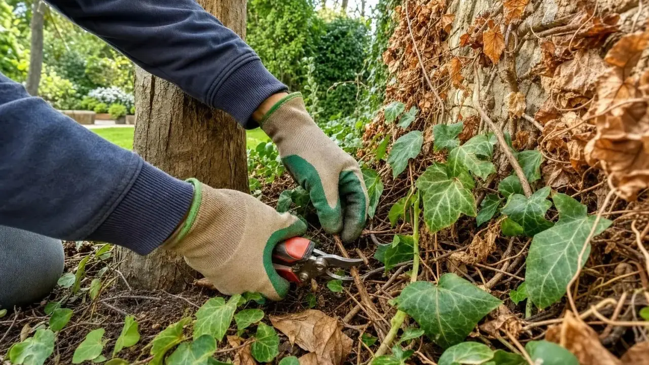 Mains gantées taillant le lierre grimpant au pied d'un arbre et d'un mur couvert de feuilles sèches.
