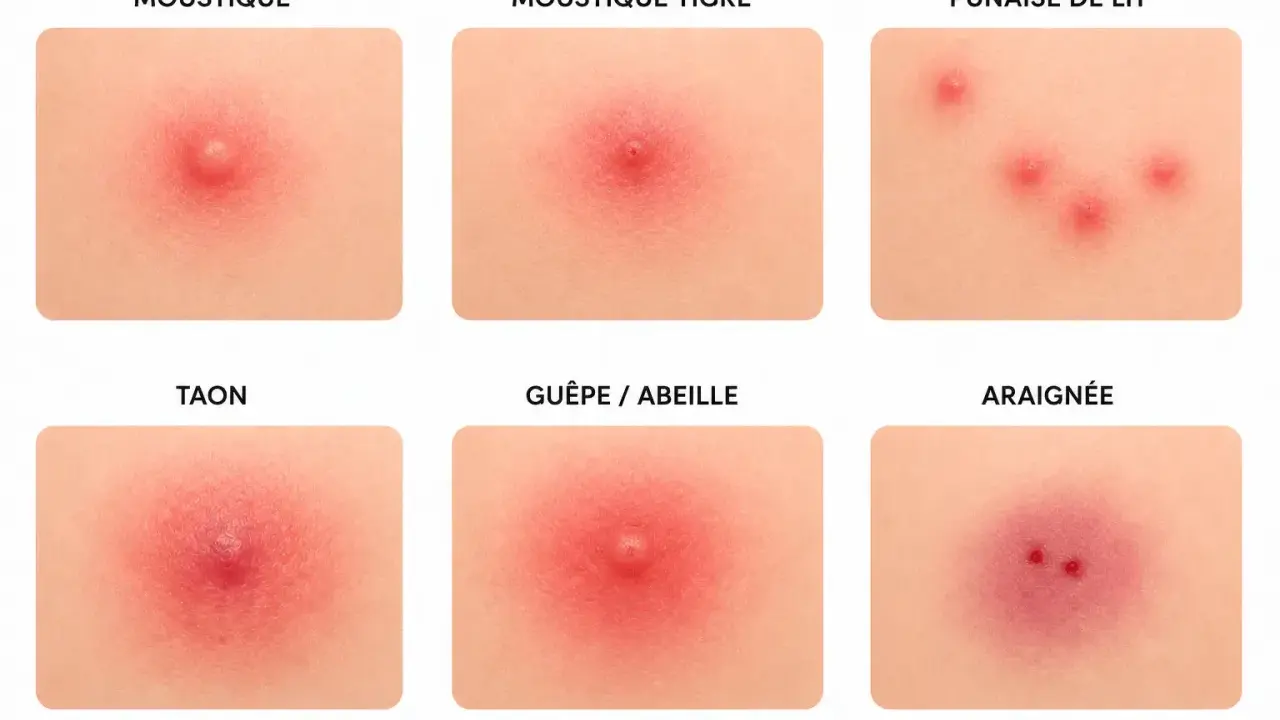 Comparaison de six types de piqûres : moustique, moustique tigre, punaise de lit, taon, guêpe/abeille et araignée. Chaque image montre un différent bouton sur la peau.