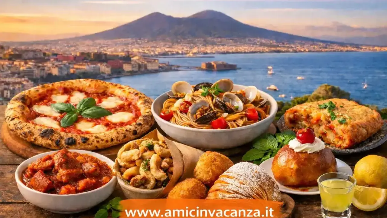 Un banchetto di specialità di Napoli: pizza, spaghetti alle vongole, ragù, fritture e dolci, con il Vesuvio sullo sfondo.