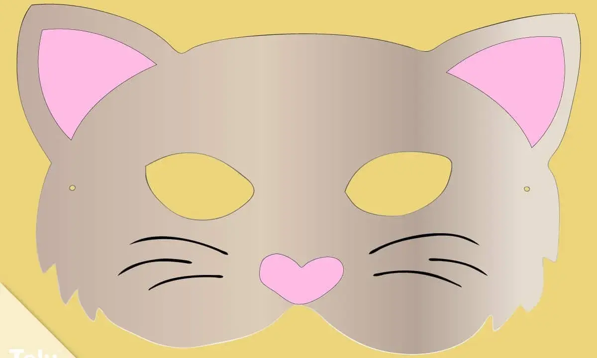 Eine süße Katzenmaske zum Basteln, mit rosa Ohren und Schnurrhaaren. Perfekt für kleine Tiger!