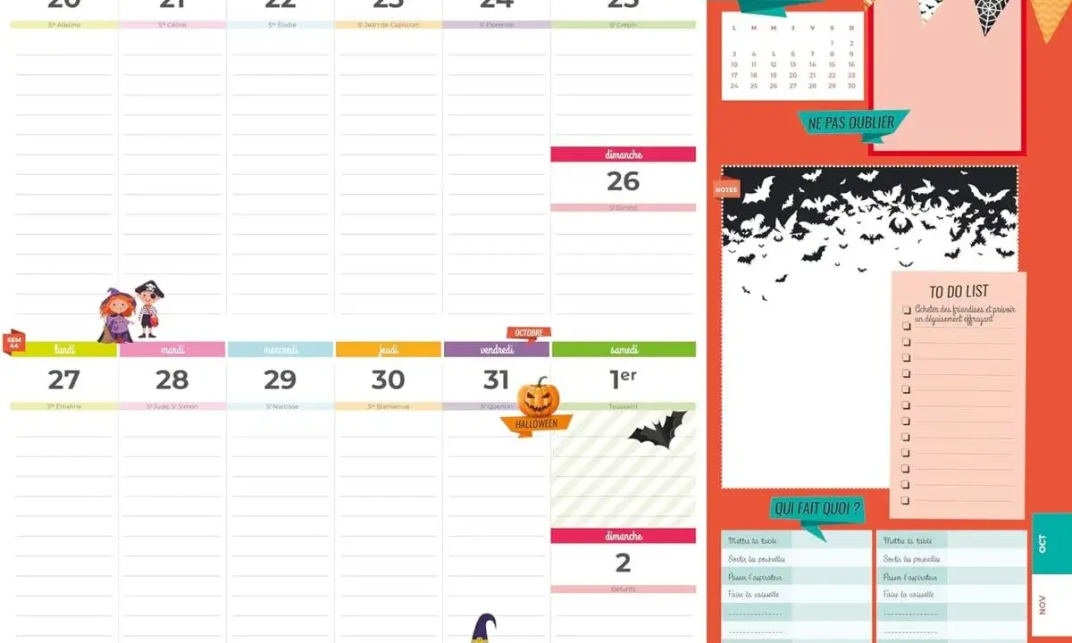 Calendrier d'octobre et novembre avec des illustrations d'Halloween. Idéal pour organiser votre agenda familial, application de planification.