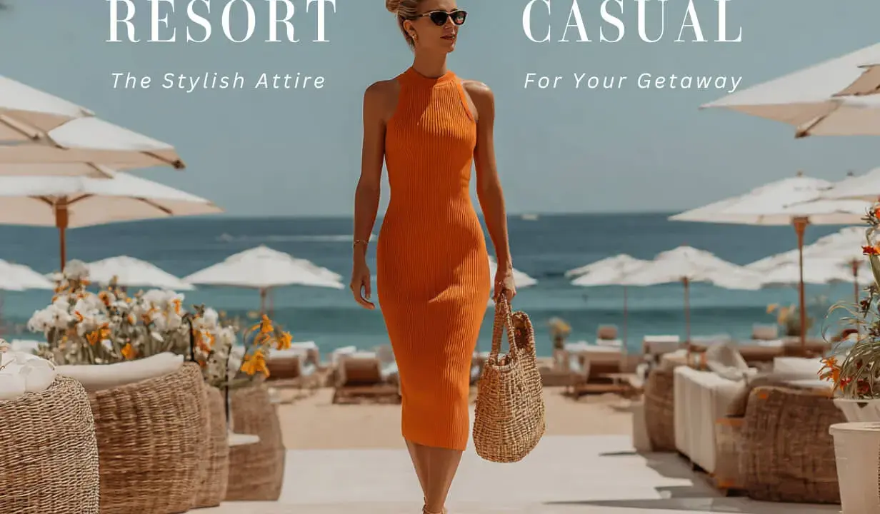 A woman walks on a beach path in a vibrant orange dress, showcasing resort casual attire. Umbrellas and lounge chairs dot the sandy shore.