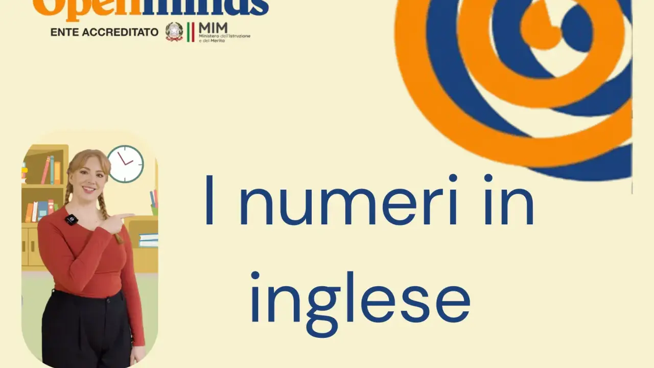 Schede didattiche con esercizi sui numeri in inglese da stampare. Una maestra indica la scritta "I numeri in inglese".