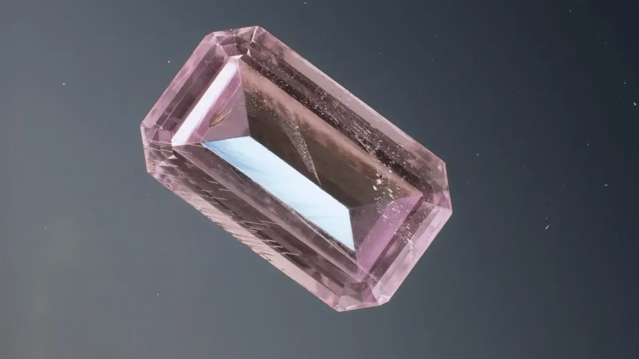 Un cristallo rosa sfaccettato, simile a uno smeraldo, fluttua su uno sfondo scuro. Un esempio di pietre più costose.