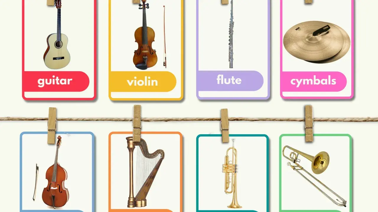 Un ensemble d'images d'instruments de musique : guitare, violon, flûte, cymbales, contrebasse, harpe, trompette et trombone.