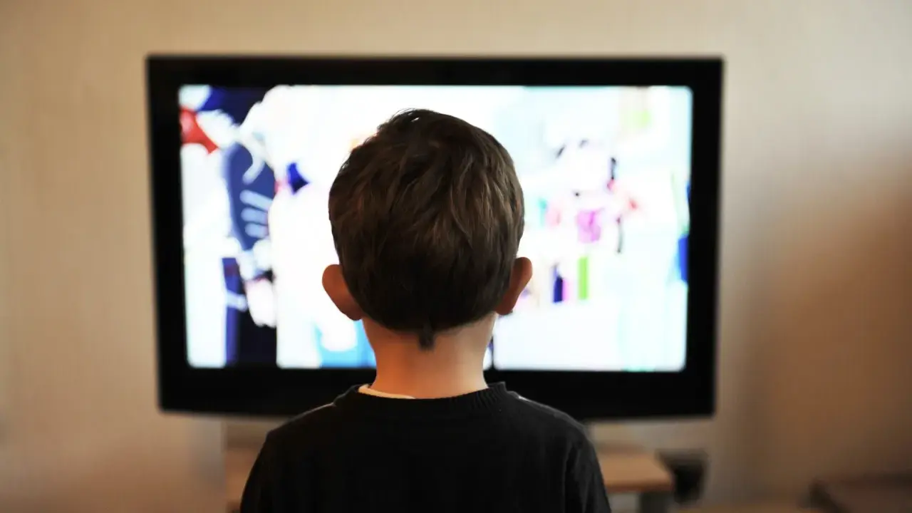 Un jeune enfant de 2 ans, absorbé par un dessin animé coloré sur le téléviseur.