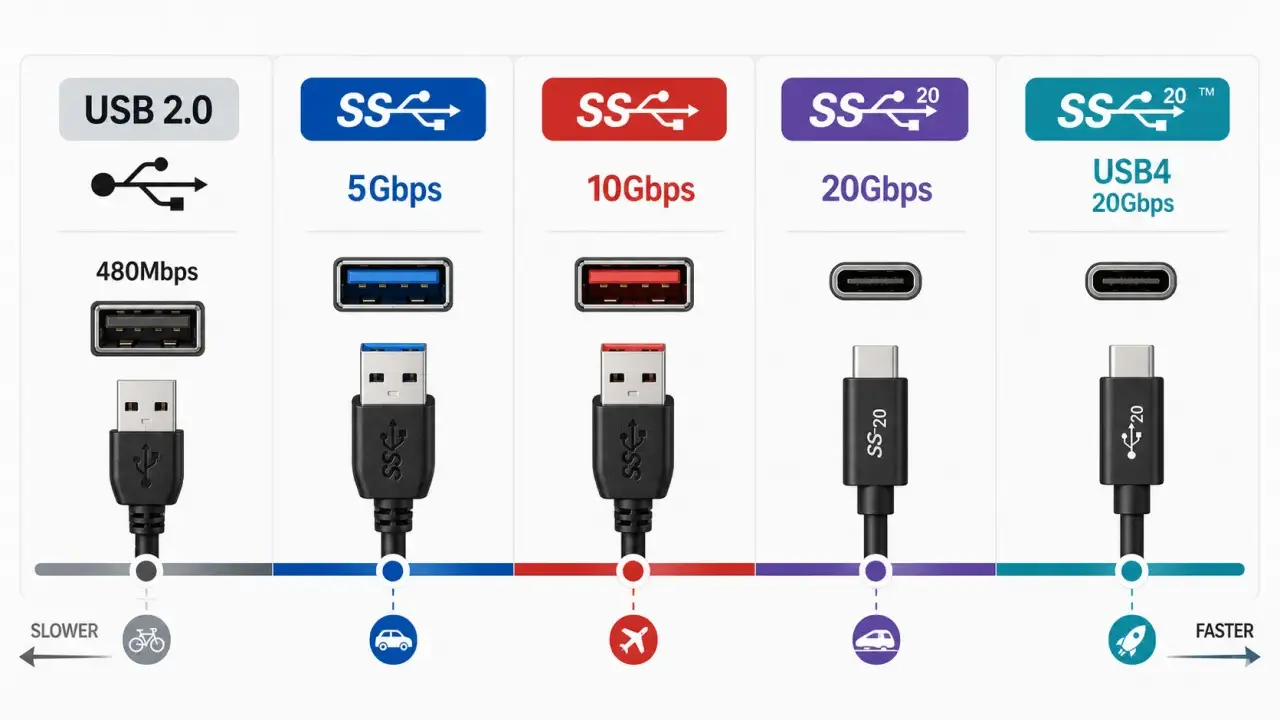 Comparaison des normes USB : USB 2.0 (480 Mbps), USB 3.0 (5 Gbps), USB 3.1 (10 Gbps), USB 3.2 (20 Gbps) et USB4 (20 Gbps). Le port USB Type A est visible pour les premières normes.