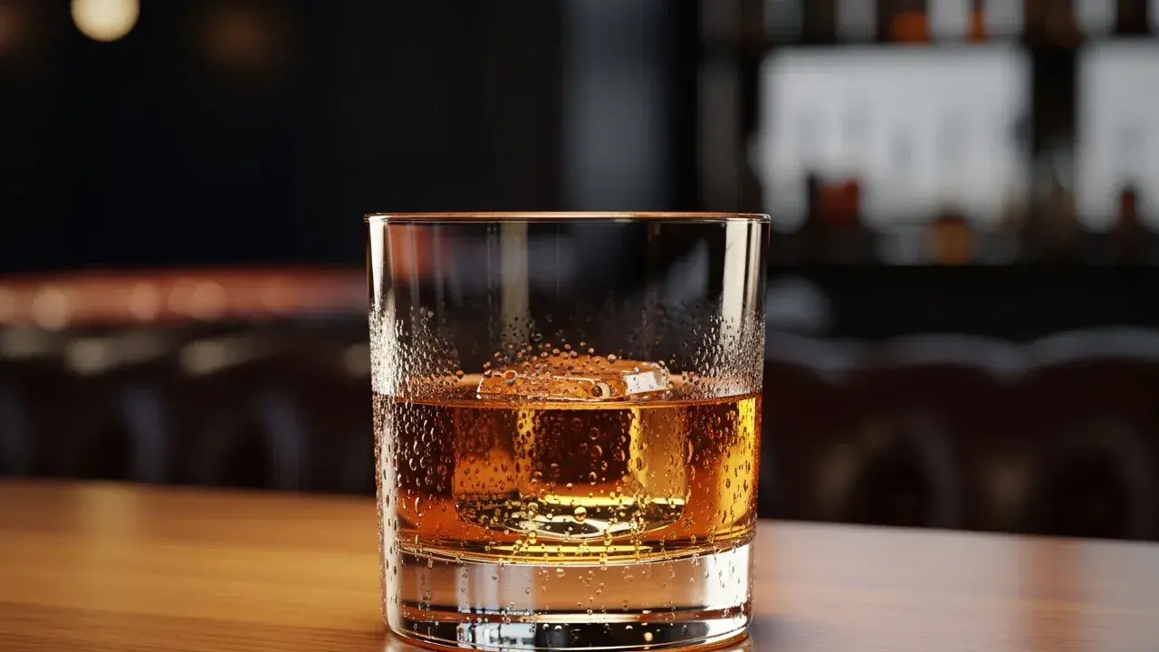 Ett glas med en gyllene dryck, en isbit och kondens på glaset. En perfekt godfather drink på en träyta.