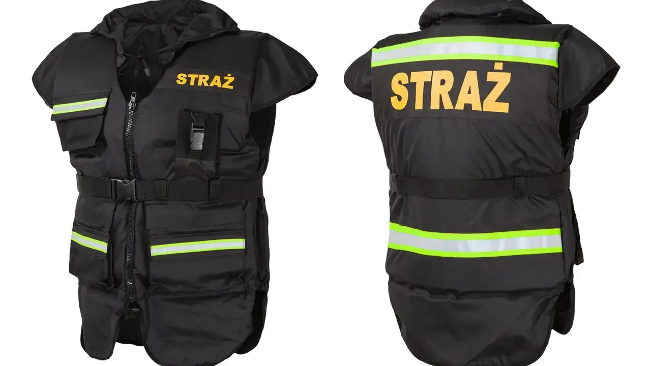 Czarna kamizelka asekuracyjna ze znakiem "STRAŻ" i odblaskami. Czy kamizelka asekuracyjna utrzyma na wodzie? Tak, to sprzęt ratowniczy.