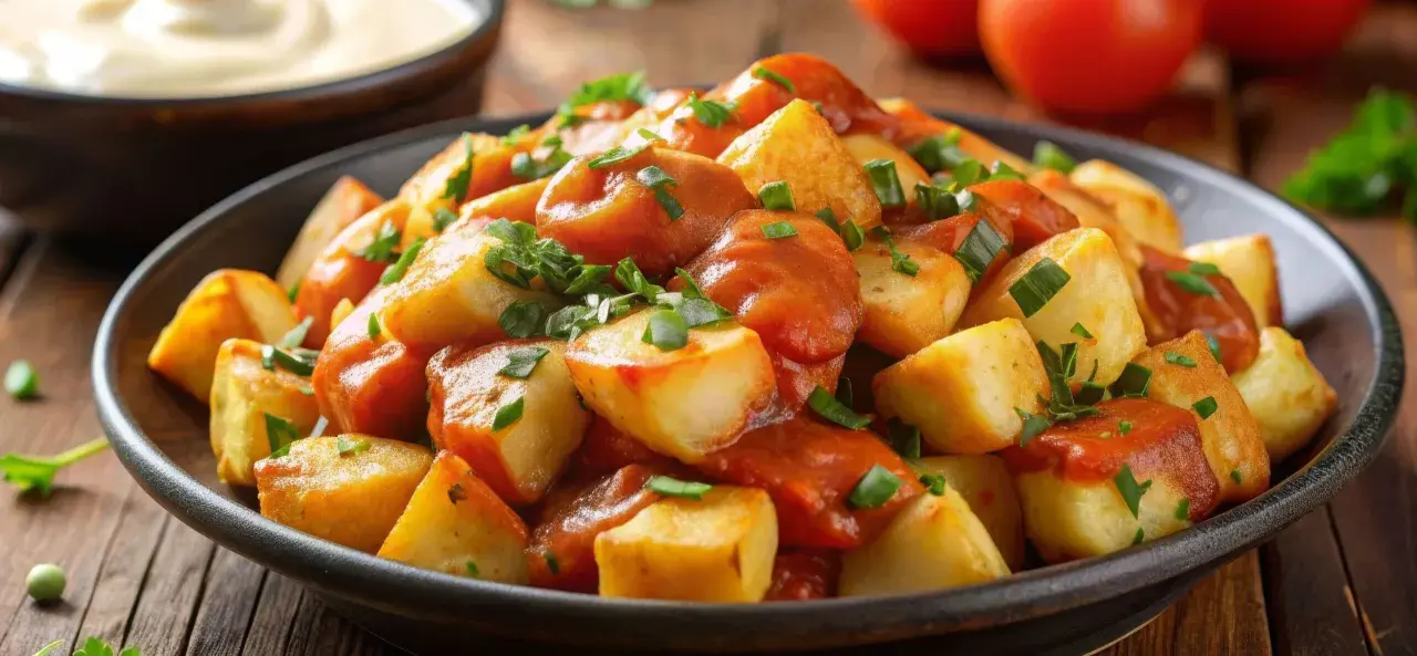 En skål med gyllene, friterade potatisbitar täckta av en kryddig tomatsås och toppade med färska örter. En klassisk rätt med patatas bravas.