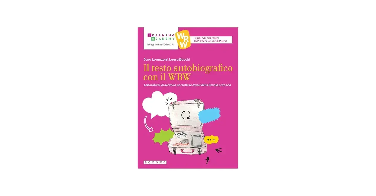 Copertina libro "Il testo autobiografico con il WRW", laboratorio di scrittura per la scuola primaria. Illustrazione di una valigia aperta con oggetti personali.