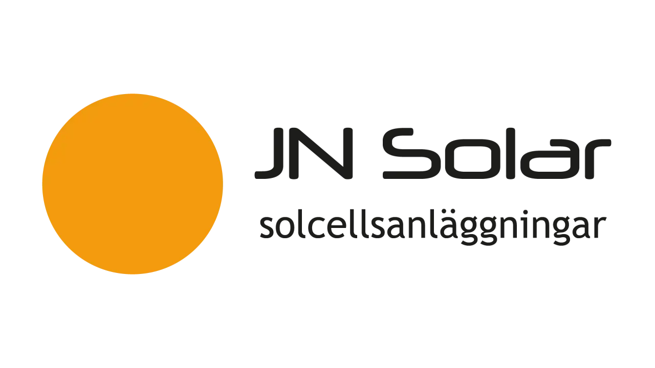 JN Solar: solcellsanläggningar. En orange sol till vänster, texten JN Solar och solcellsanläggningar till höger.