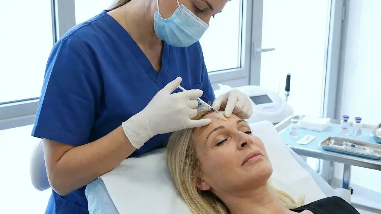 Medico esegue iniezione di botulino per chirurgia estetica sul viso di una donna.