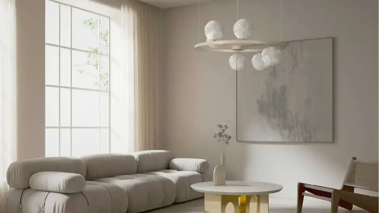 Nowoczesny salon z szarą sofą, okrągłym stolikiem i lampą z kulistymi kloszami w stylu art deco.