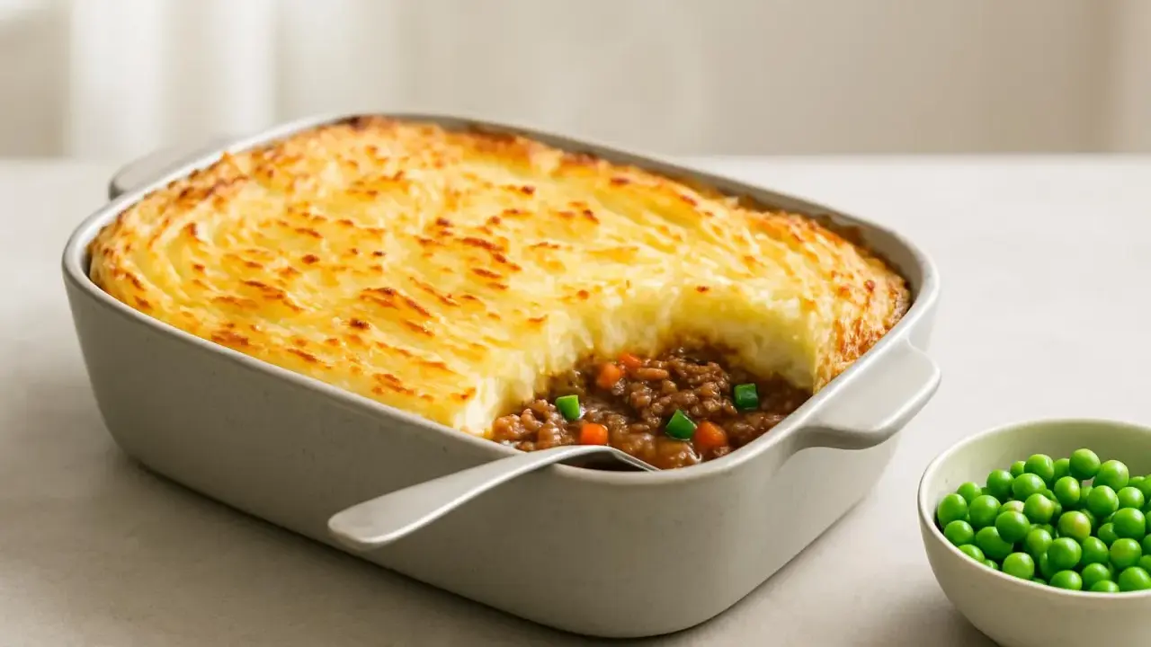 En gyllene gratinerad cottage pie med köttfärs och grönsaker, redo att serveras. Ett perfekt recept för en mysig middag.