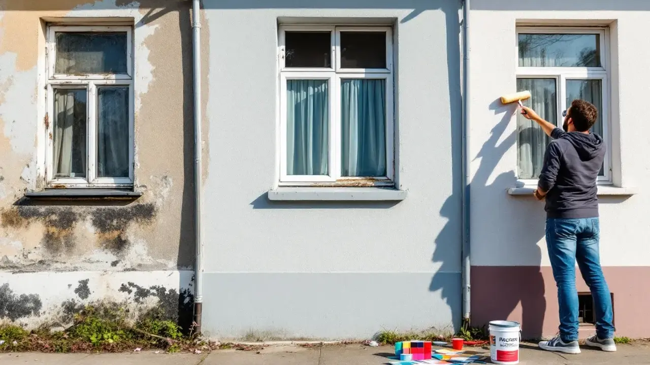 Un homme est en train de refaire un mur extérieur avec un rouleau. Des échantillons de couleurs et un pot de peinture sont posés au sol.