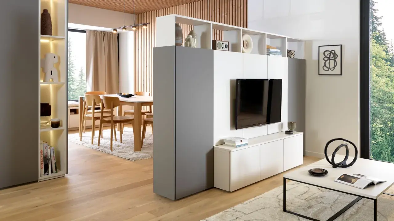 Aménagement salon TV moderne avec séparation de pièces, étagères et mobilier épuré.