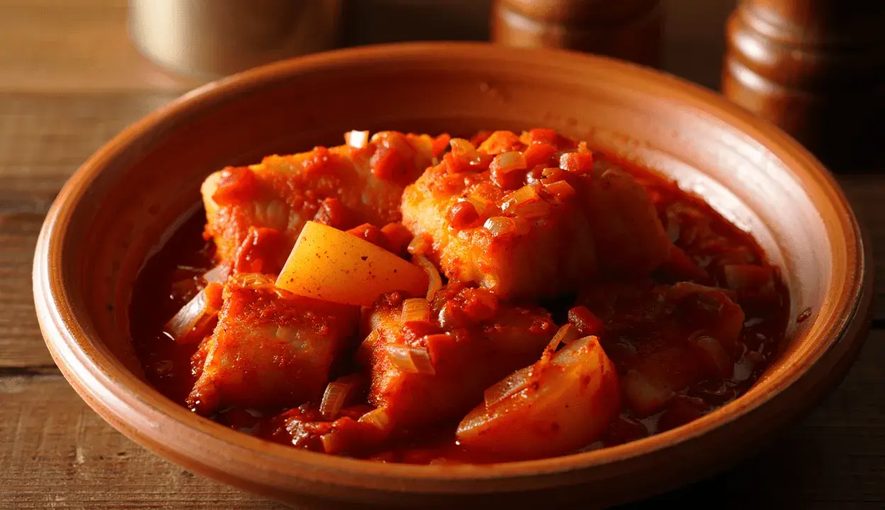 Bacalao a la vizcaína, trozos de pescado blanco en salsa roja con pimientos y cebolla, servido en cuenco de barro.