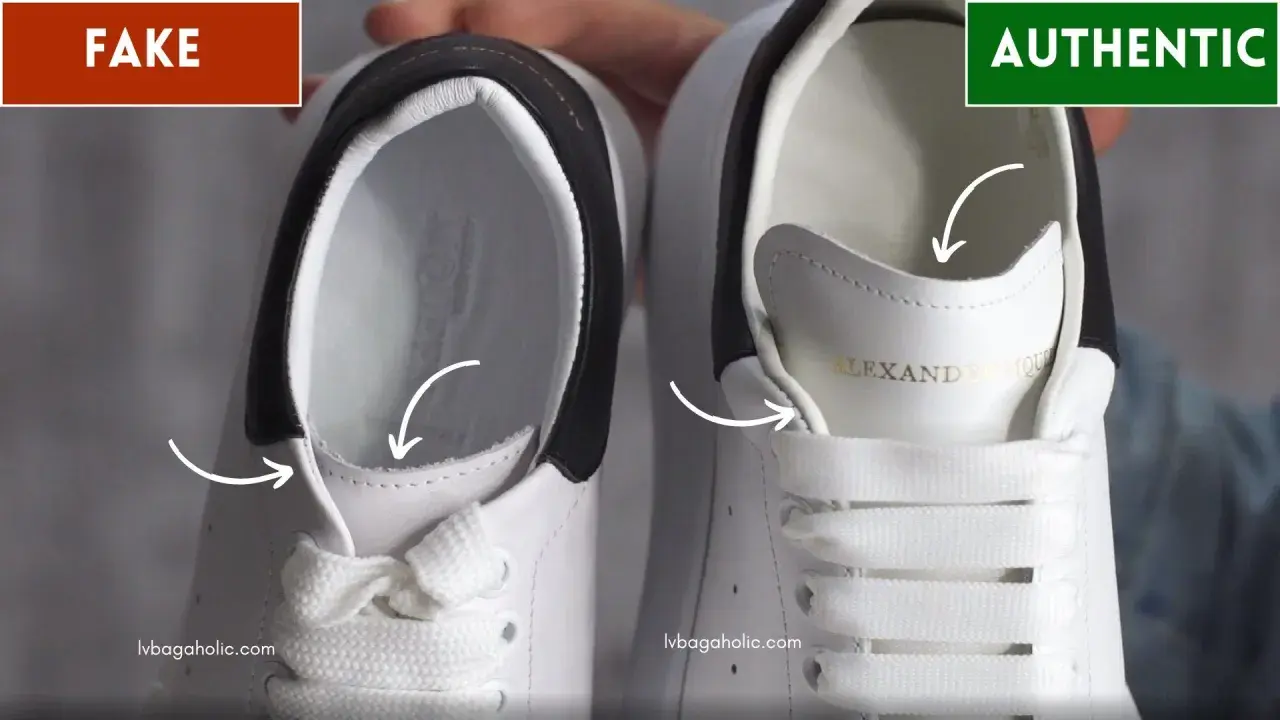 Vergleich von Alexander McQueen Schuhen: Links ein Fake-Modell mit unsauberer Verarbeitung, rechts das authentische Paar mit feinen Details.