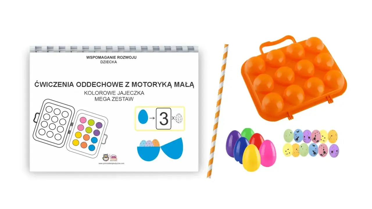 Zestaw do ćwiczeń oddechowych ze słomką i kolorowymi jajeczkami. Pomoc terapeutyczna dla dzieci.