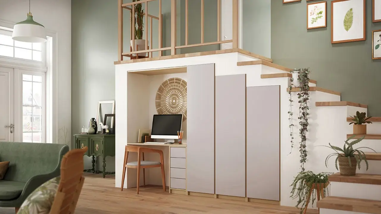 Bureau intégré sous l'escalier, avec plantes retombantes et cadre en bois. Une belle idee deco cage escalier.