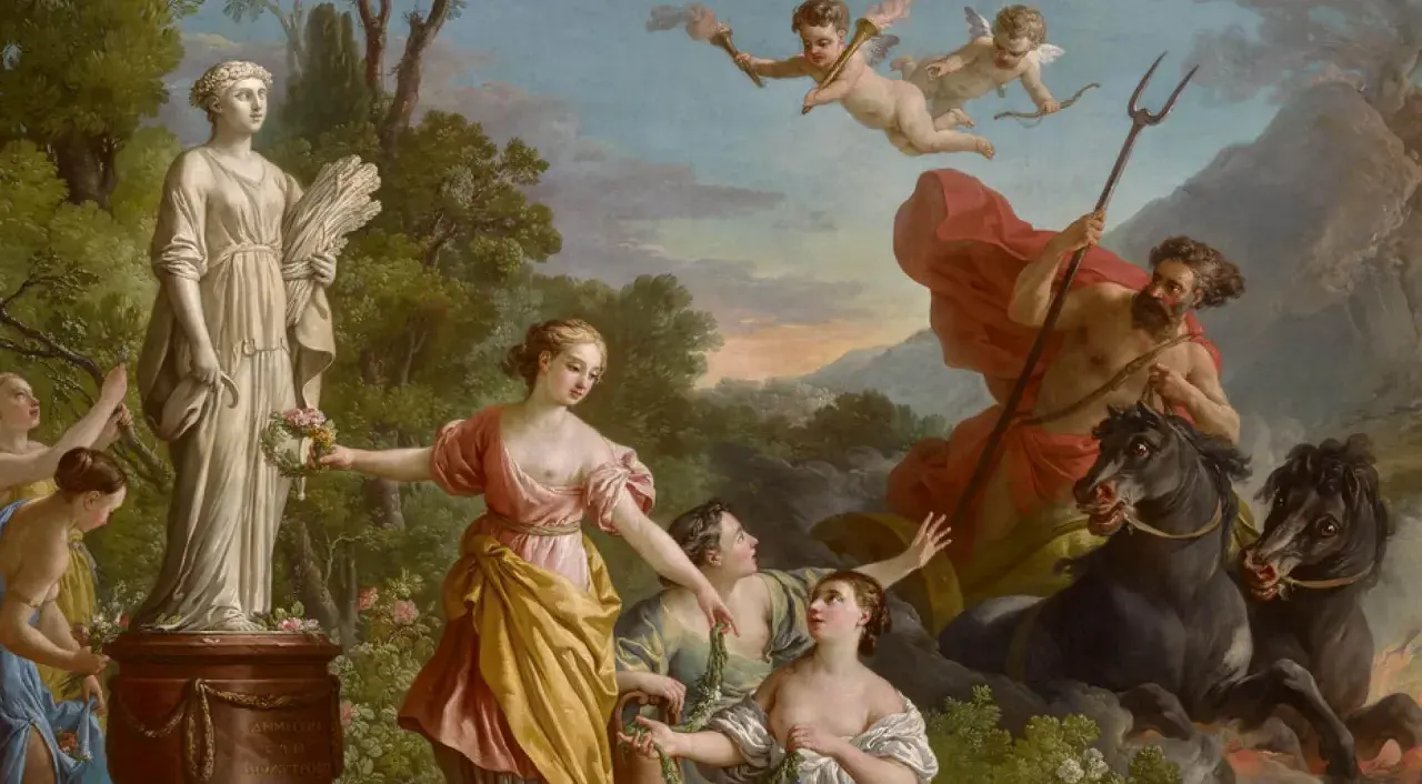 Scène mythologique : l'enlèvement de Proserpine par Pluton, sur fond de paysage champêtre avec des nymphes et des angelots.