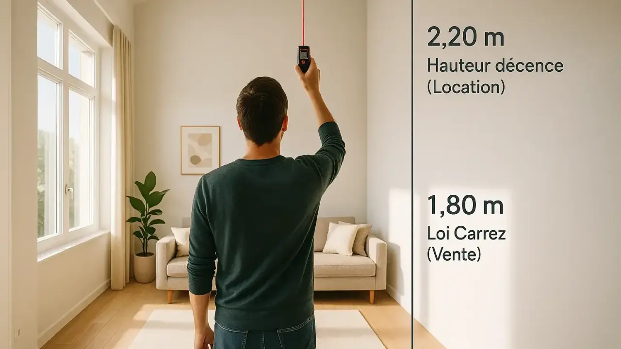 Un homme mesure la hauteur sous plafond d'un salon lumineux avec un appareil laser. Les mesures indiquent 2,20 m pour la décence locative et 1,80 m pour la loi Carrez.