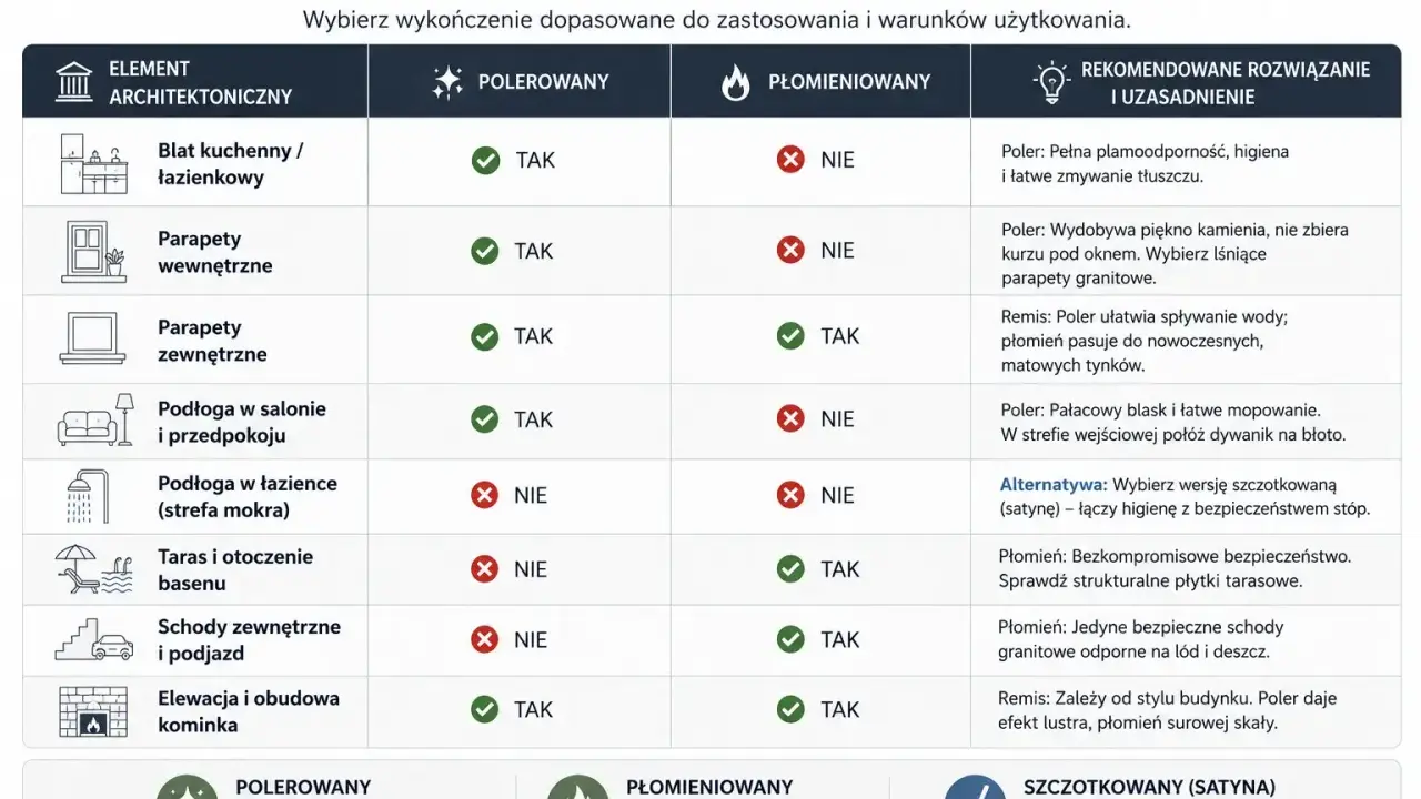 Tabela porównująca granit polerowany i płomieniowany. Płomieniowany granit jest idealny na zewnątrz, np. na tarasy i schody, zapewniając bezpieczeństwo.