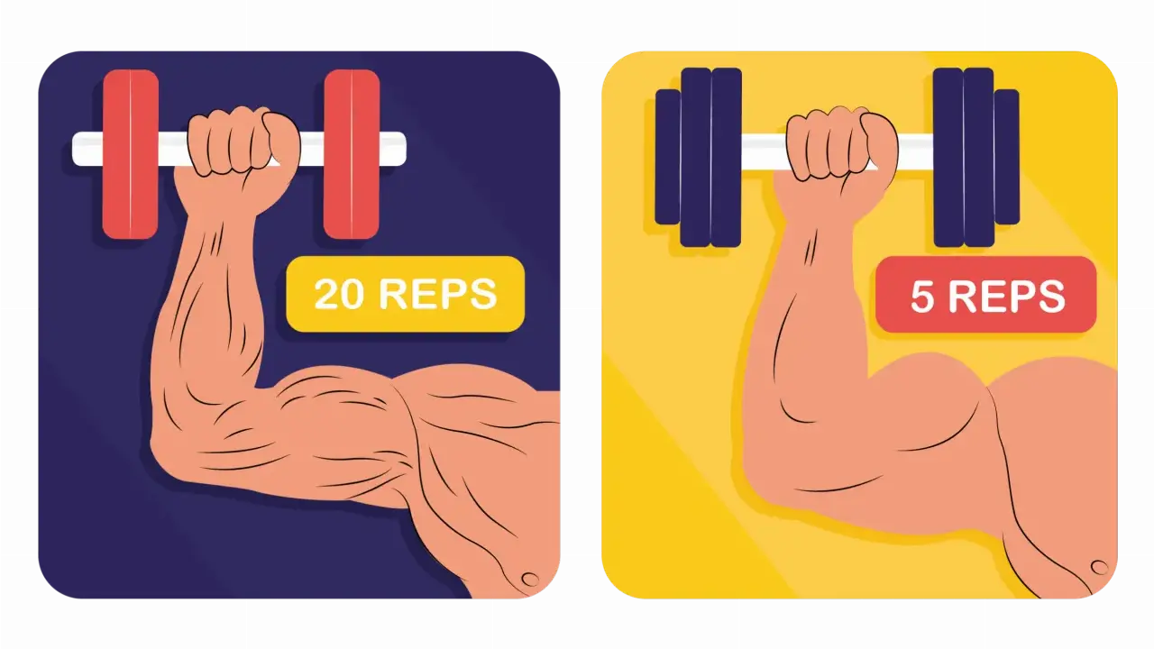 Zwei Arme mit Hanteln. Links: viel Gewicht, wenig Wiederholungen (5 Reps). Rechts: wenig Gewicht, viele Wiederholungen (20 Reps).