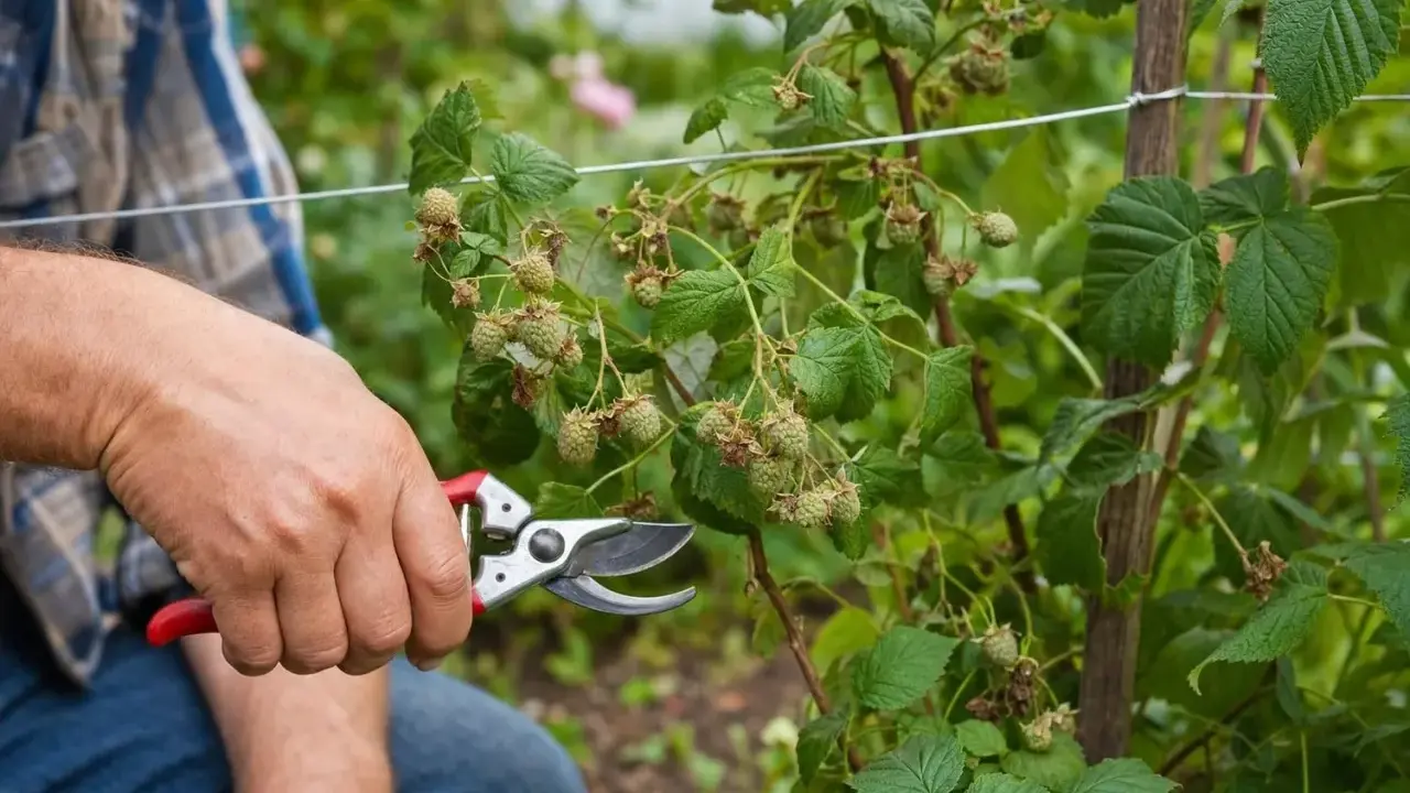 Main d'un jardinier tenant un sécateur, prêt à tailler des framboisiers remontants chargés de jeunes fruits verts.