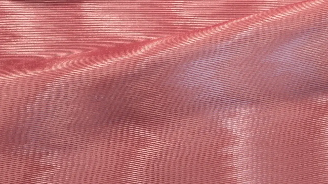 Tessuto rosa con pieghe che creano un affascinante effetto moiré, riflettendo la luce in modo cangiante.
