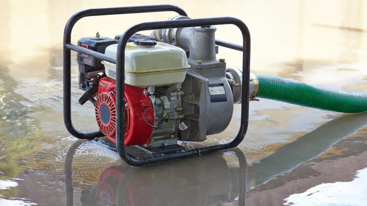 Una motobomba roja y plateada, con una manguera verde, está sumergida en agua turbia, lista para drenar.