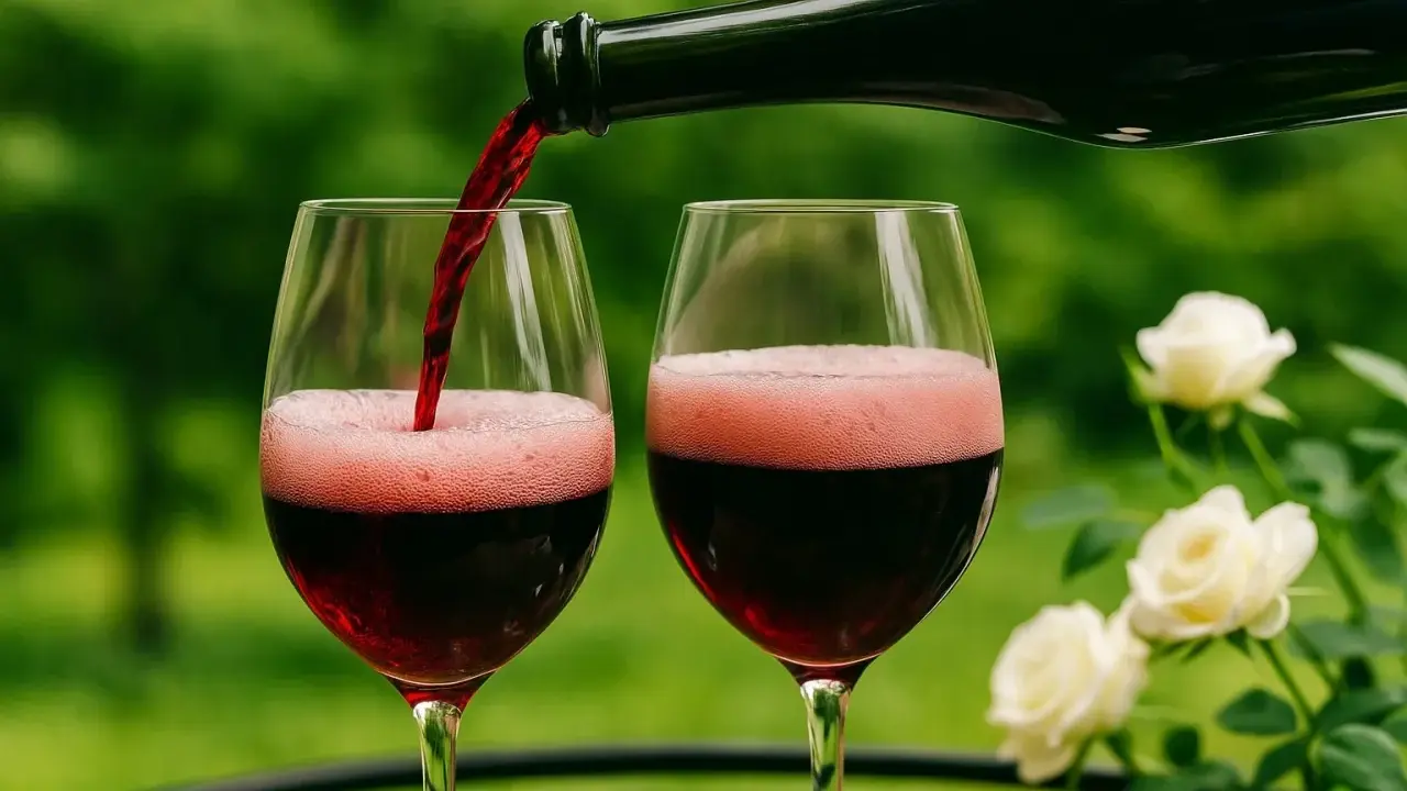 Rotwein wird in zwei Gläser gegossen, wobei sich Schaum bildet. Ein Hauch von Lambrusco Rotwein für einen schönen Abend.