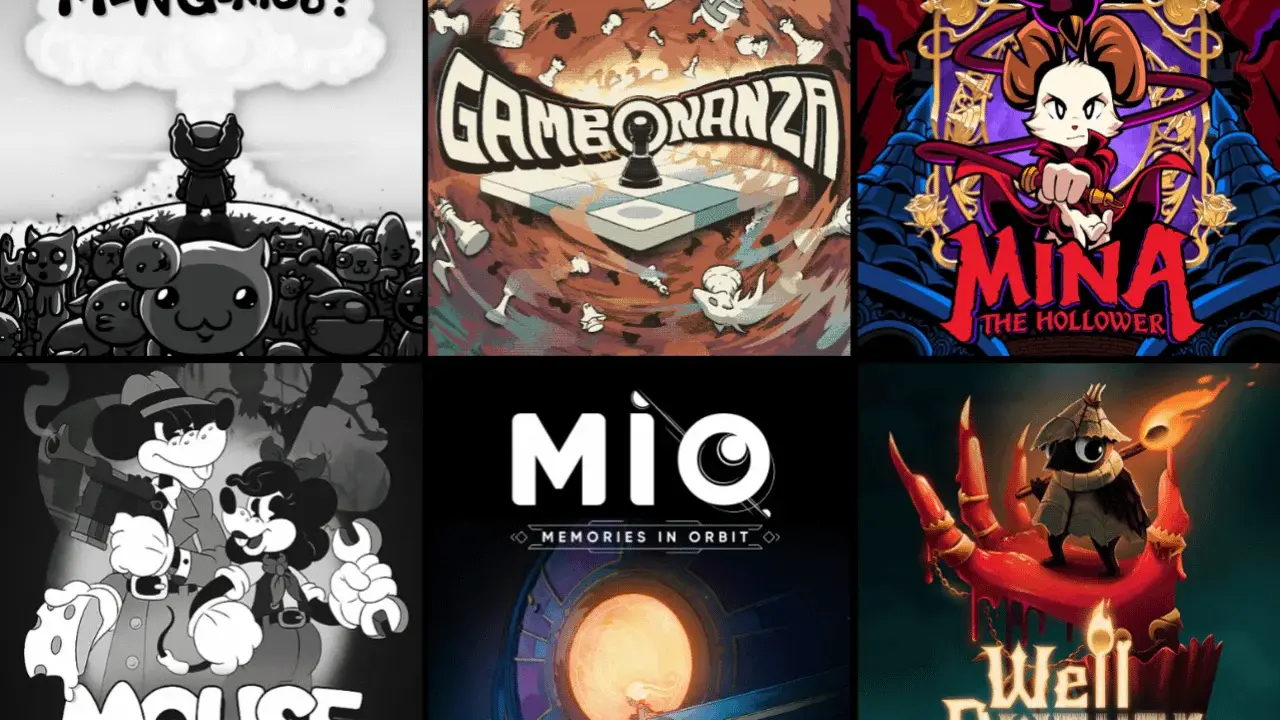 Kolaż okładek gier: Mewgenics, Gambonanza, Mina the Hollower, Mouse, Mio: Memories in Orbit, Well Dweller. Różnorodne gry indie.