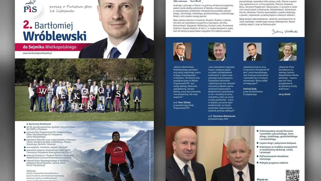Ulotka wyborcza Bartłomieja Wróblewskiego do Sejmiku Wielkopolskiego. Kandydat PiS prezentuje swoje cele i poparcie.