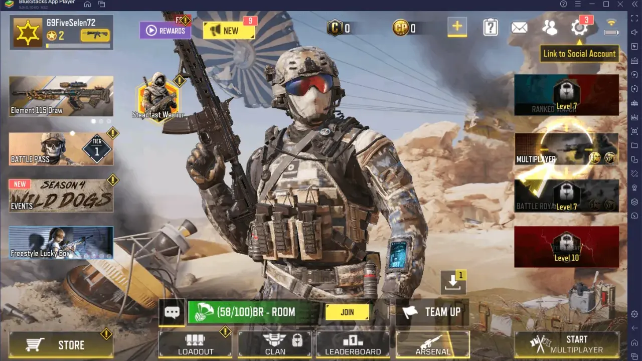 Główny ekran Call of Duty Mobile PC z żołnierzem w kamuflażu, menu gry i opcjami rozgrywki.