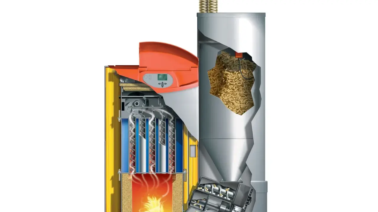 Corte transversal de una **instalación de caldera de biomasa** mostrando el depósito de pellets, el sistema de alimentación y la cámara de combustión con llamas.